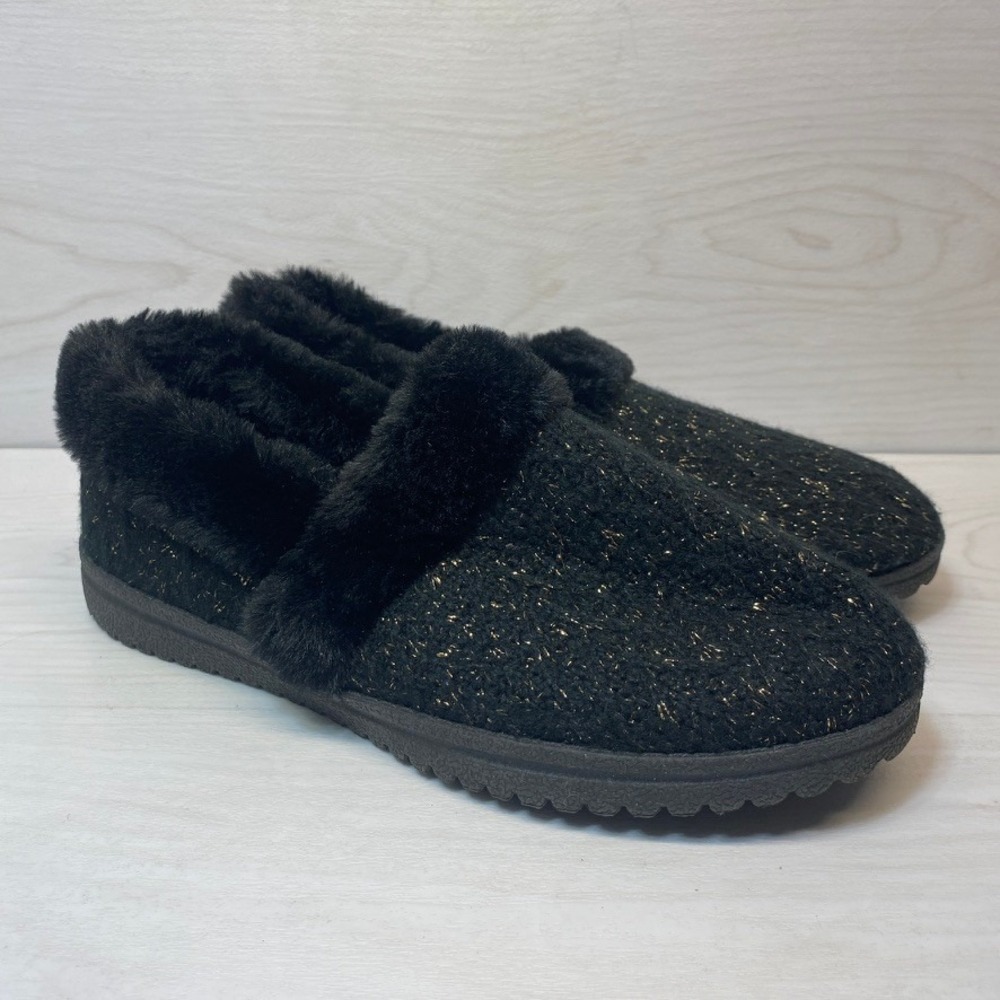 Skechers Womens 9.5 Slippers BOBS Keepsakes Ice Angel Black Gold Sparkle Cozy